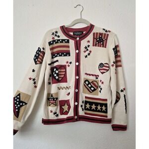 Patriotic Celina Yang Designs Hand Knit Cardigan Sweater Women L Hand Embroidery